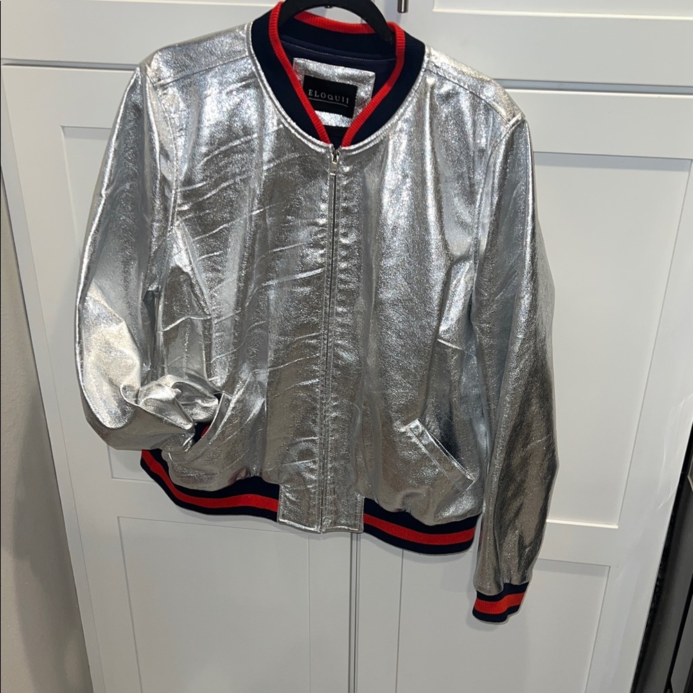Eloquii Silver Bomber Jacket with Red & Navy Trim ] Suze 18